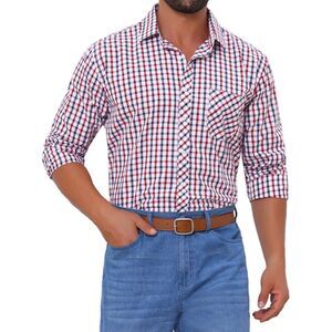 Long Sleeve Checked Dress Shirt Point Collar Button Plaid Shirt Red Blue